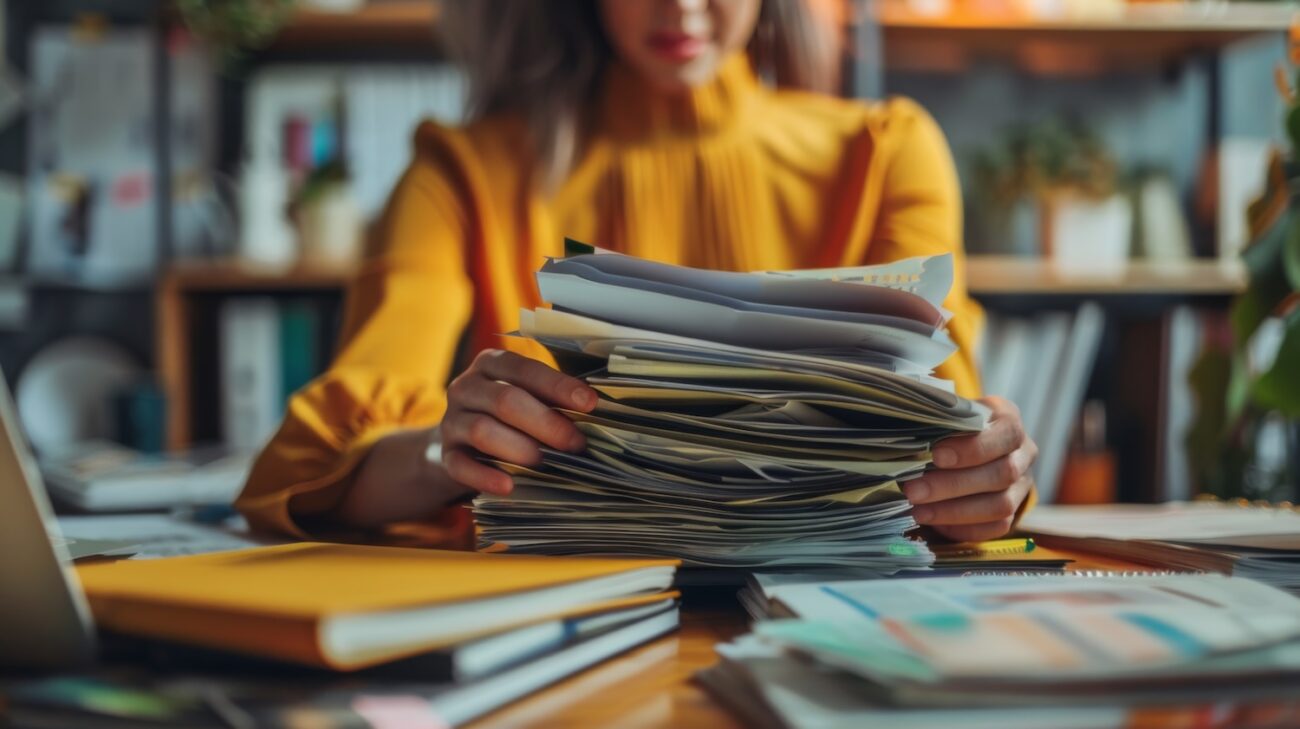 woman organizing piles of documents
